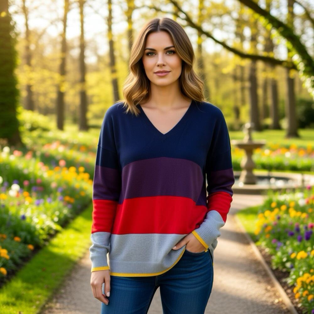 Vintage Y2K GAP Women M Stripe Multicolor Color Block Pullover Sweater V Neck
